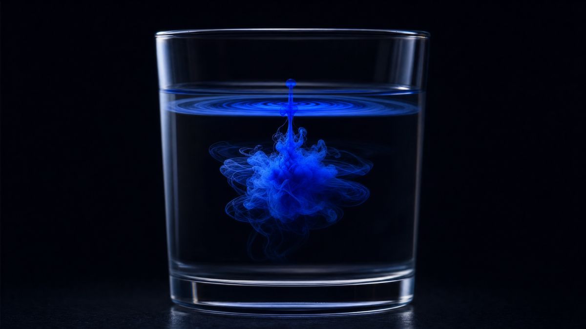 A cobalt drop blooming through clear water