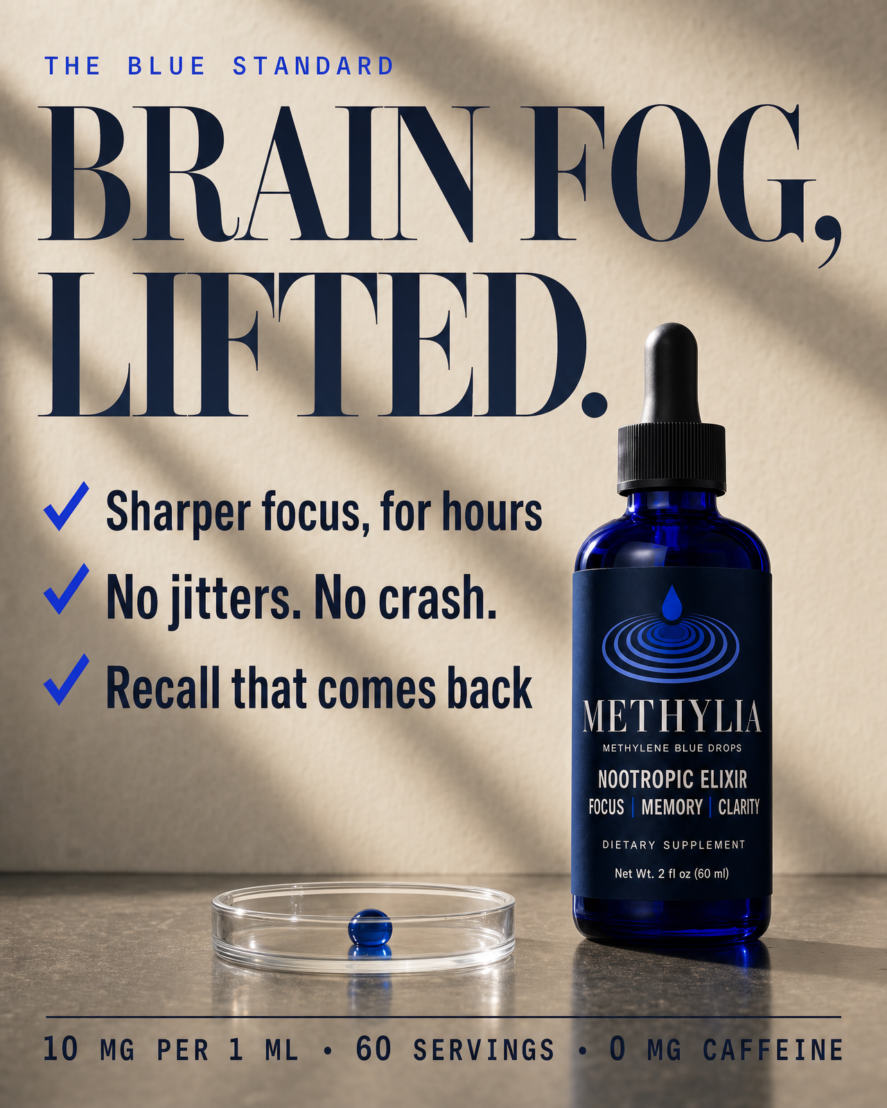 Brain fog, lifted — Methylia bottle with benefit checklist: sharper focus, no jitters no crash, recall that comes back