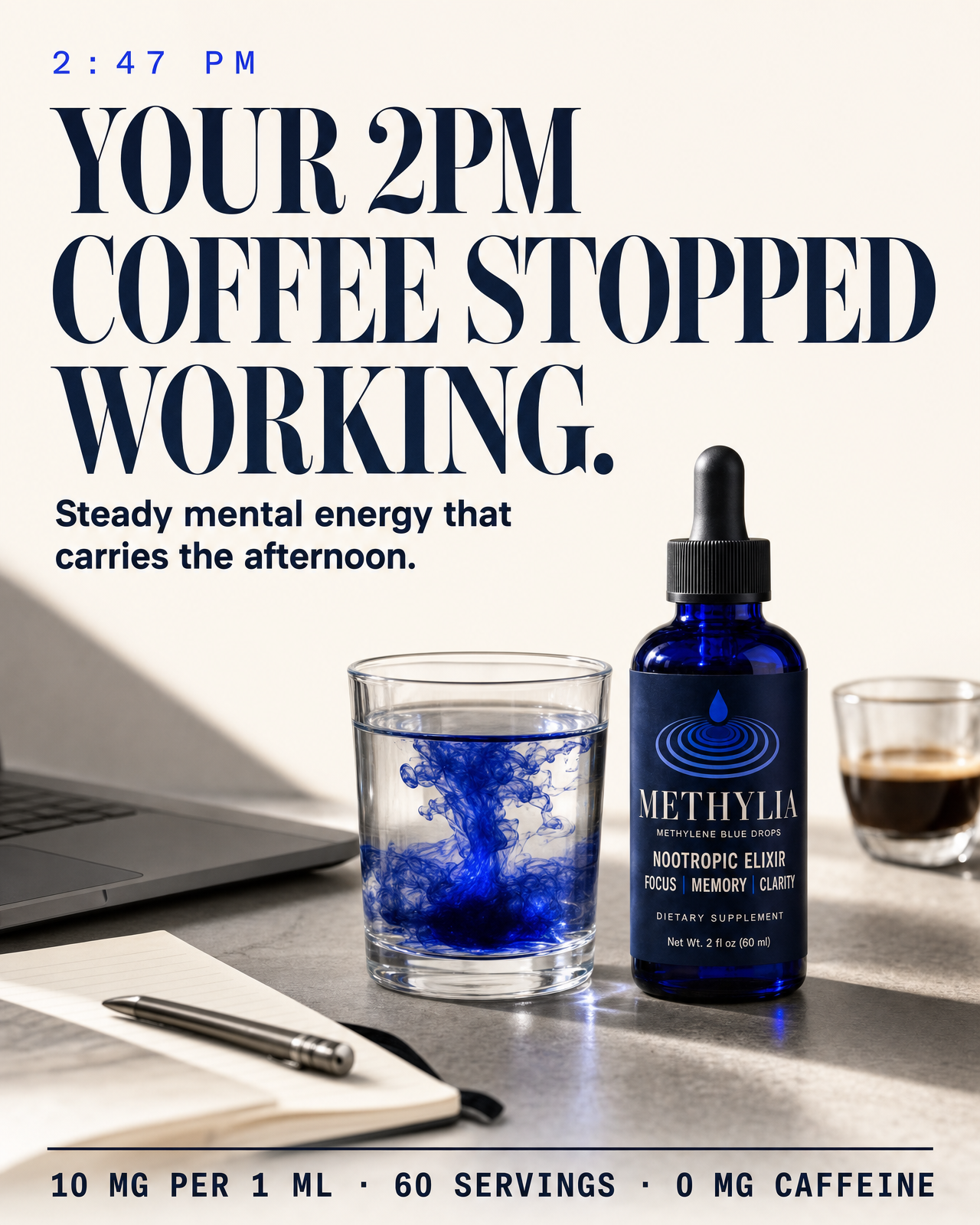 Your 2pm coffee stopped working — Methylia ritual glass on a workday desk beside an abandoned espresso