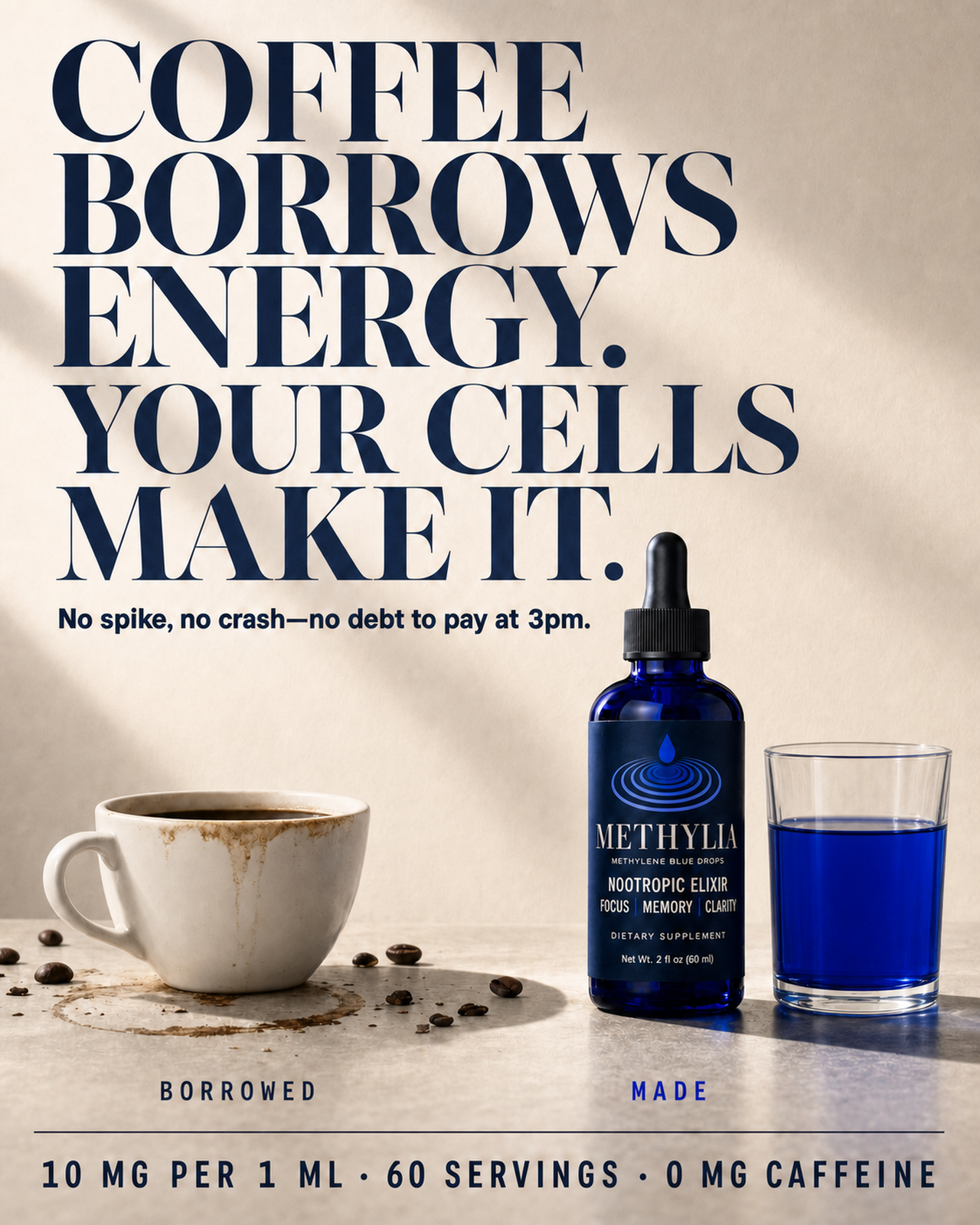 Coffee borrows energy, your cells make it — stained espresso cup versus the calm Methylia glass