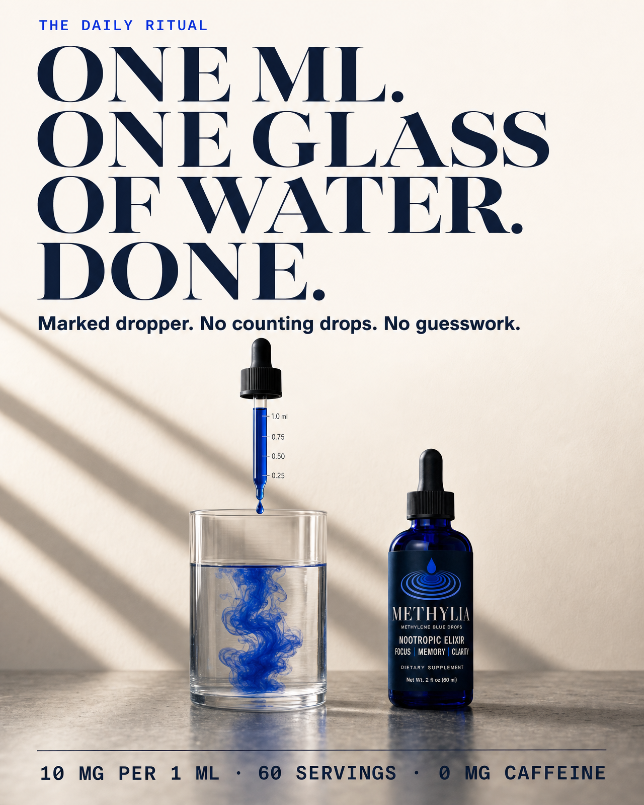 One ml, one glass of water, done — marked dropper filled to the 1 ml line above the ritual glass