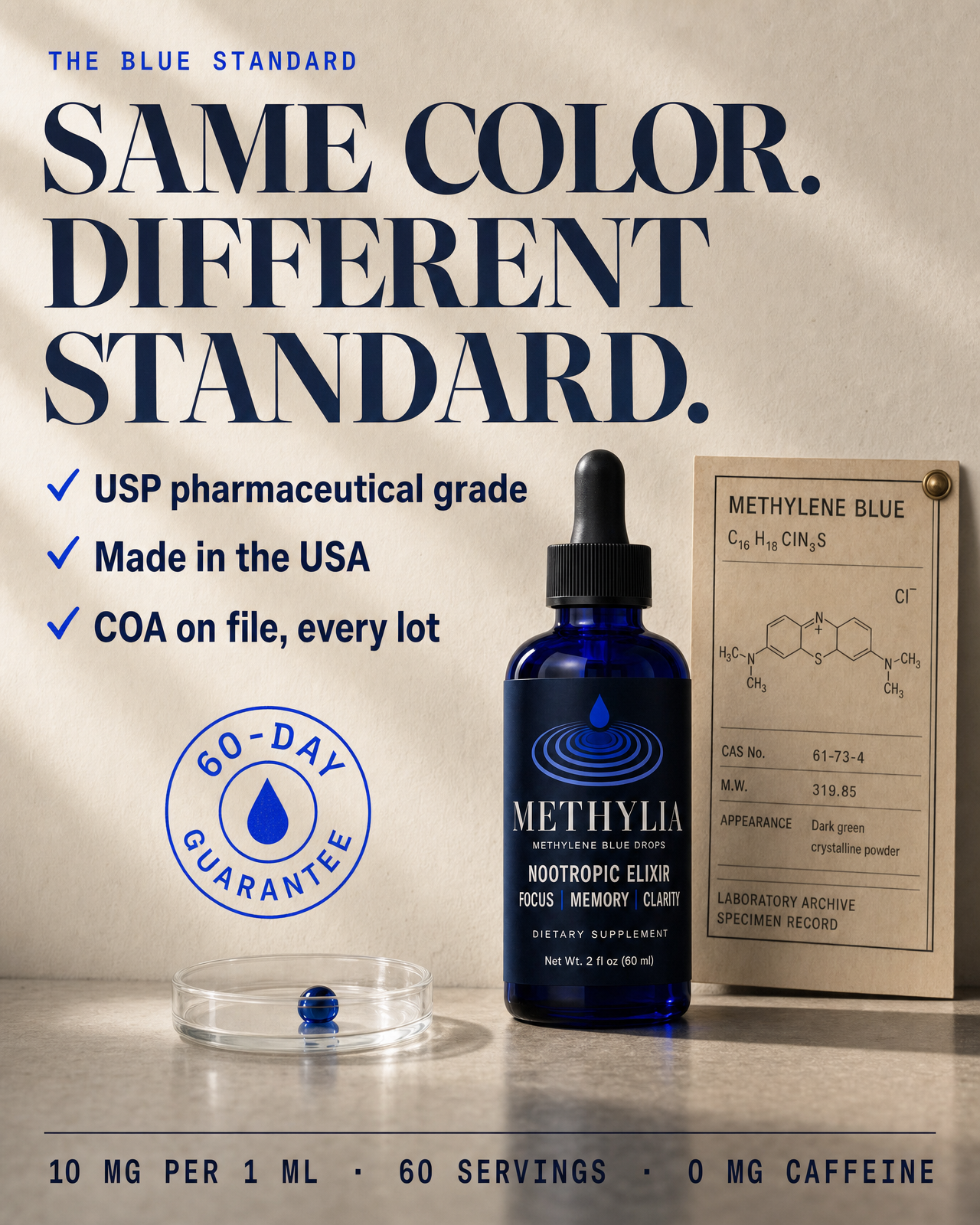 Same color, different standard — Methylia bottle with specimen card, proof checklist and 60-day guarantee seal