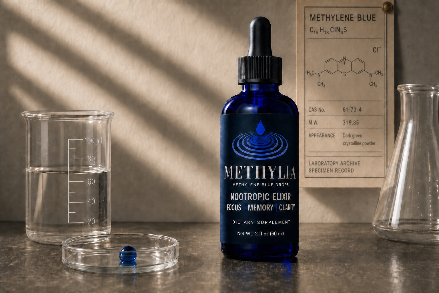 Methylia methylene blue drops with laboratory glassware and an archival specimen card