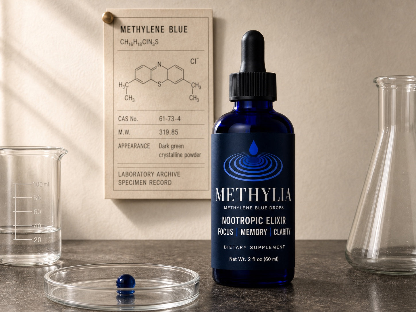 Methylia methylene blue drops in an archival laboratory
